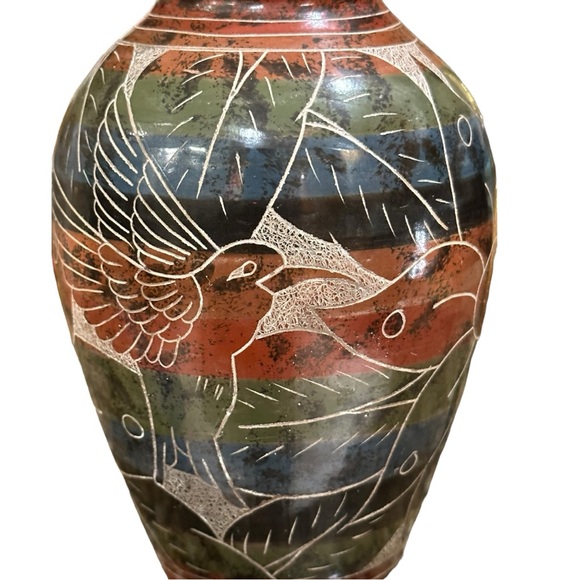 Vintage Nicaragua Carved/Etched Folk Art Pottery Clay Vase Tropical Hummingbird - Picture 11 of 12